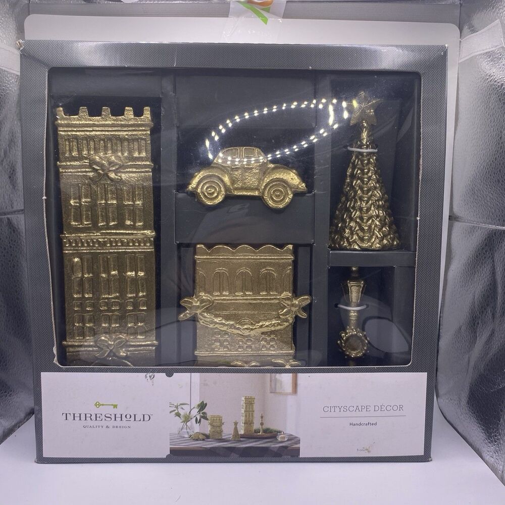 New Threshold Gold Brass Style Christmas Village Cityscape Decor Set 5-Piece